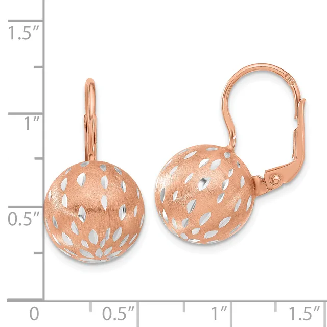 Pair of rose gold sphere earrings with textured leaf or petal pattern and leverback closures, shown against a measurement scale.