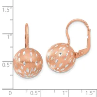 Pair of rose gold sphere earrings with textured leaf or petal pattern and leverback closures, shown against a measurement scale.