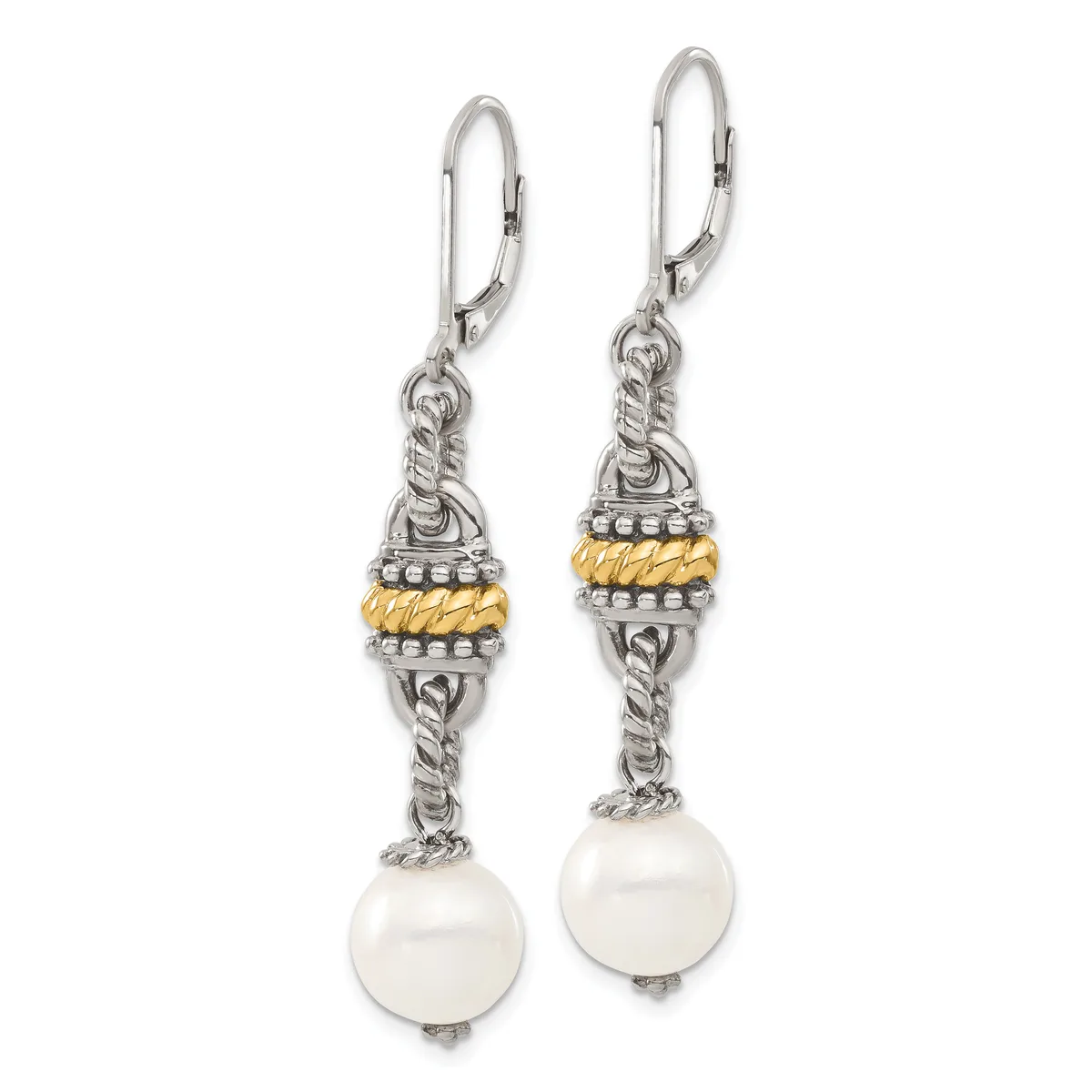 Pair of silver and gold two-tone dangle earrings with twisted rope detailing, decorative beaded spacers, and white pearl drops, shown on a white background.