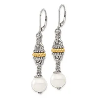 Pair of silver and gold two-tone dangle earrings with twisted rope detailing, decorative beaded spacers, and white pearl drops, shown on a white background.