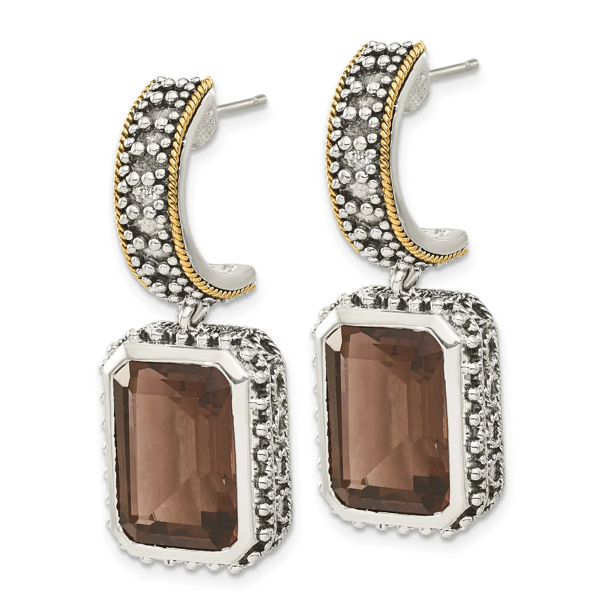 A pair of silver and gold two-tone drop earrings with curved pave diamond tops and rectangular smoky quartz pendants surrounded by textured silver bezels.