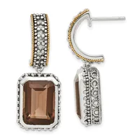 Pair of two-tone silver and gold drop earrings with rectangular smoky quartz stones surrounded by decorative beading and featuring twisted rope detailing along the top bail.