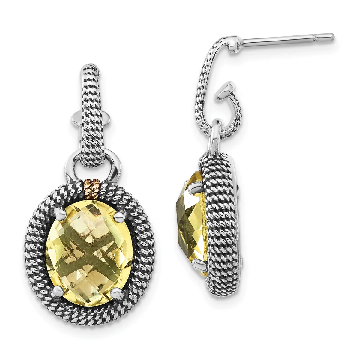 Pair of silver drop earrings with twisted rope detailing and faceted yellow citrine stones in oval settings, shown from front and side views.