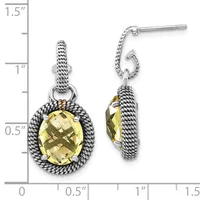 A pair of silver drop earrings with rope-textured frames surrounding faceted yellow citrine stones, shown front and side view with a measurement scale.