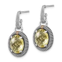 A pair of silver drop earrings with twisted rope bezels surrounding faceted oval yellow gemstones, shown against a white background.
