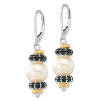 Pair of lever-back earrings with cream pearl drops, black striped rondelle spacers, and gold-tone textured bead caps on silver-tone wires.