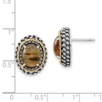 Pair of oval stud earrings with smoky quartz cabochons surrounded by twisted gold and silver rope detailing, shown front and side view against a measurement scale.
