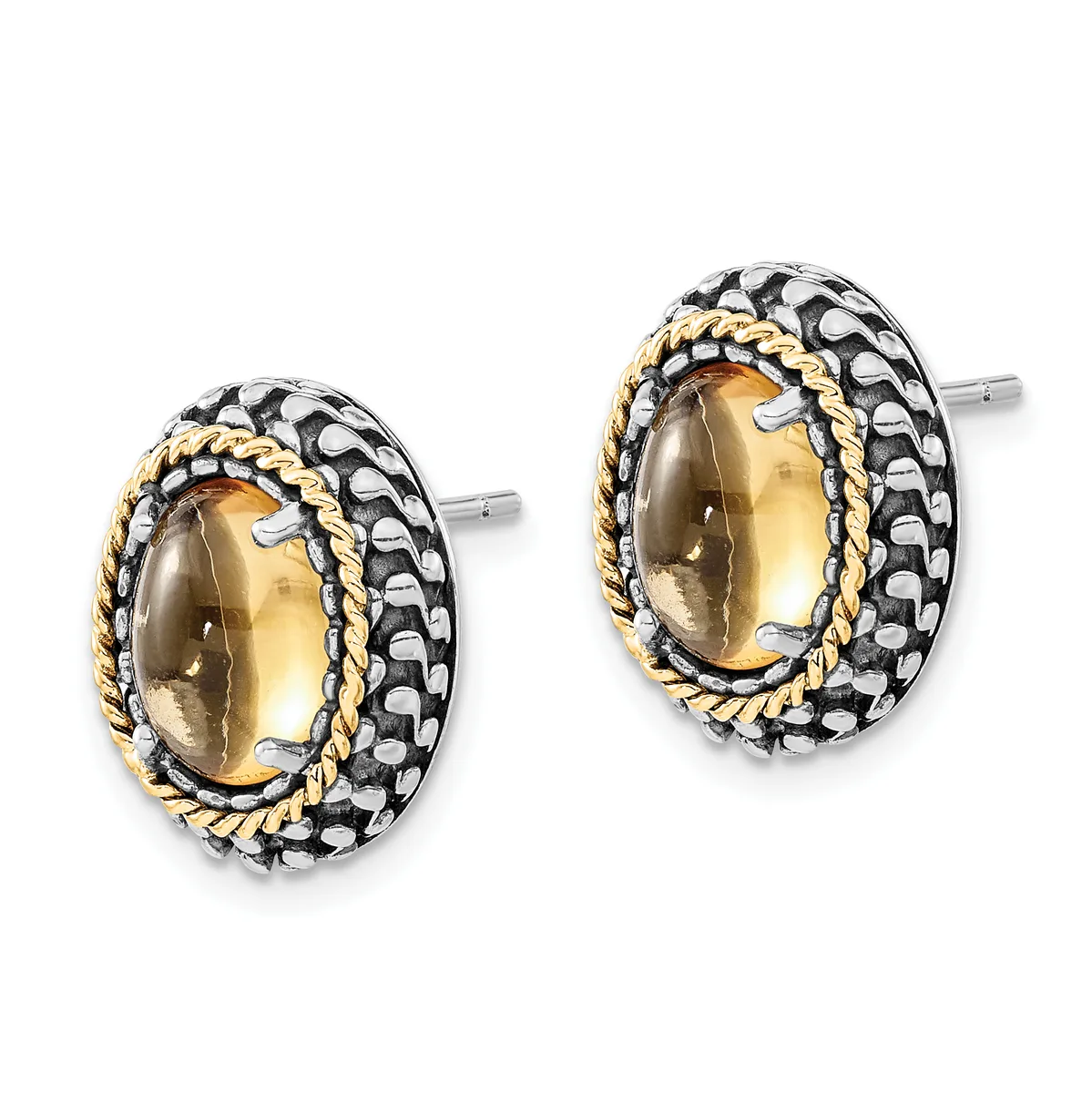 A pair of oval stud earrings featuring smoky quartz cabochons surrounded by twisted gold-tone rope trim and textured silver-tone bezels.