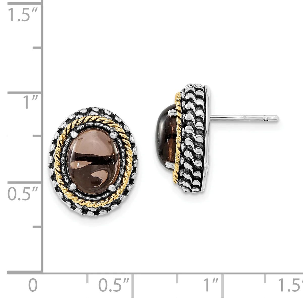 A pair of oval smoky quartz stud earrings with twisted gold and silver band surrounds, shown front and back against a measurement scale.