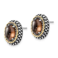 Pair of oval stud earrings with smoky quartz cabochon centers surrounded by textured silver and gold-tone twisted rope detailing on posts.