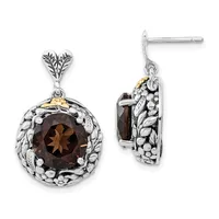 A pair of silver drop earrings with ornate leaf-shaped posts, each featuring a round faceted smoky quartz stone surrounded by a textured silver bezel, shown front and side views.