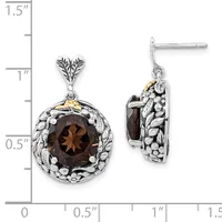 A pair of silver drop earrings with smoky quartz gemstones surrounded by textured metalwork and small beads, shown front and back views against a measurement scale.