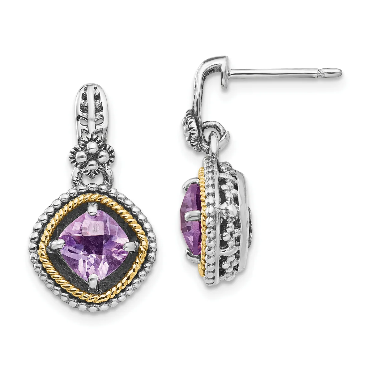 Pair of silver and gold-tone dangle earrings with cushion-cut purple gemstones surrounded by decorative beaded and twisted rope detailing.