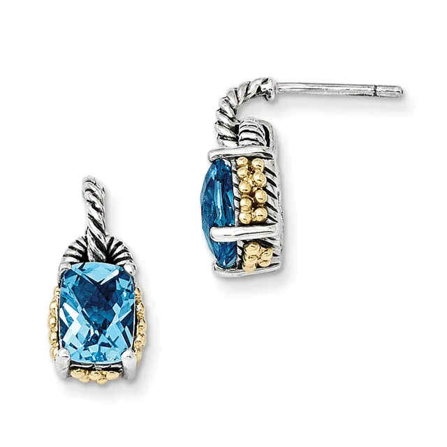 Pair of silver and gold-tone drop earrings with twisted rope details and rectangular blue topaz stones surrounded by beaded gold accents, shown from front and back views.