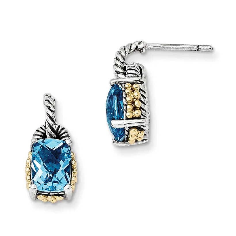 Pair of silver and gold-tone drop earrings with twisted rope details and rectangular blue topaz stones surrounded by beaded gold accents, shown from front and back views.