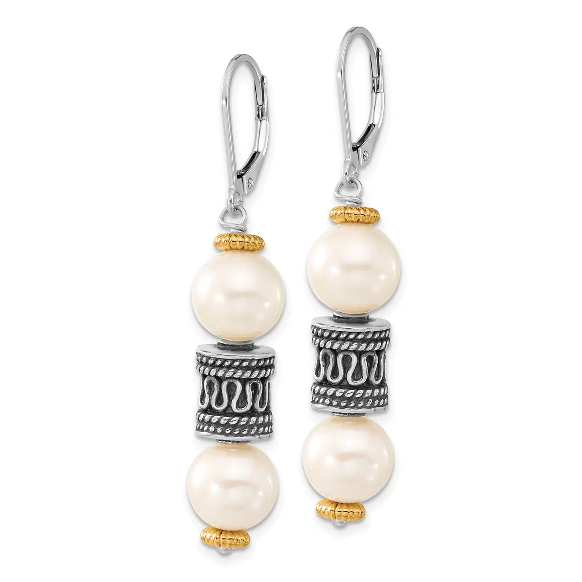 Pair of dangling earrings with silver lever backs, featuring two cream pearls separated by a textured silver cylindrical spacer with gold-tone accents on each ear.