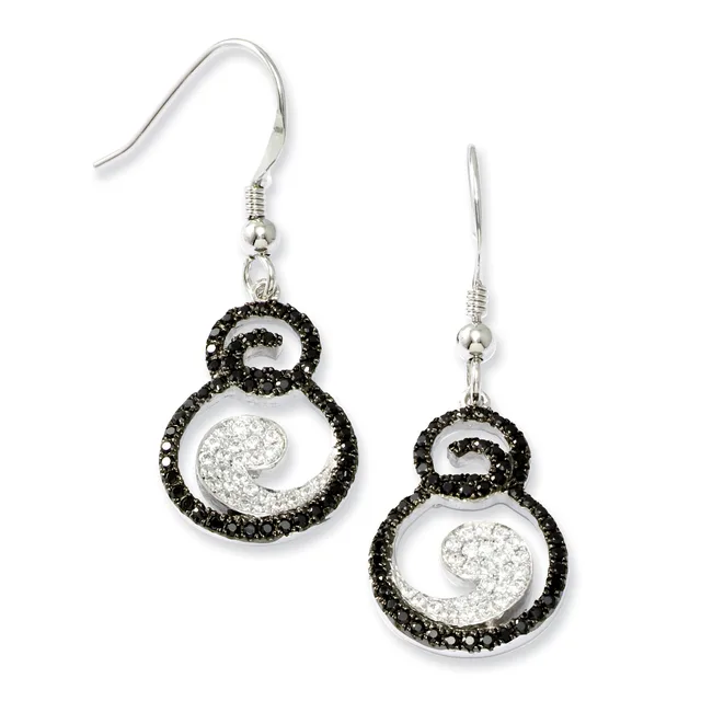 A pair of silver dangle earrings with black and clear crystal swirl designs, suspended from hook-style ear wires.