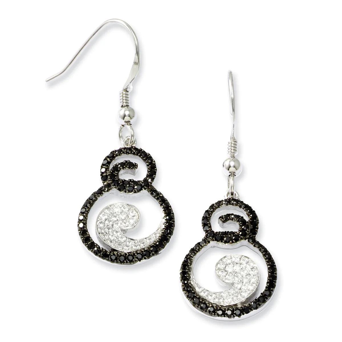 A pair of silver dangle earrings with black and clear crystal swirl designs, suspended from hook-style ear wires.