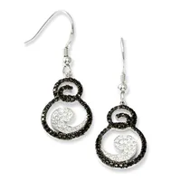A pair of silver dangle earrings with black and clear crystal swirl designs, suspended from hook-style ear wires.