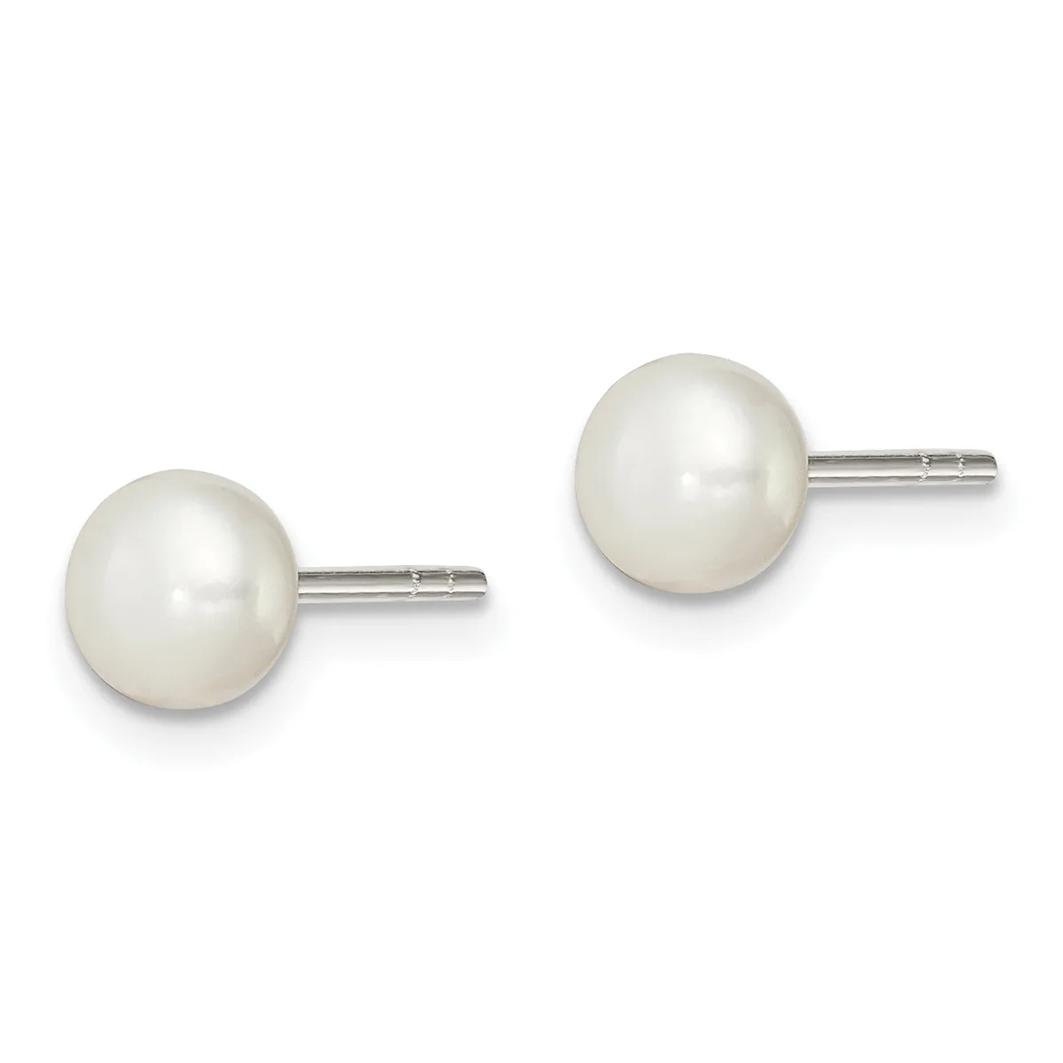 A pair of lustrous white pearl stud earrings with silver-tone posts and backs, displayed against a white background.