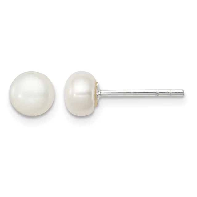 A pair of white pearl stud earrings with silver posts and backs, shown from the front and side view.