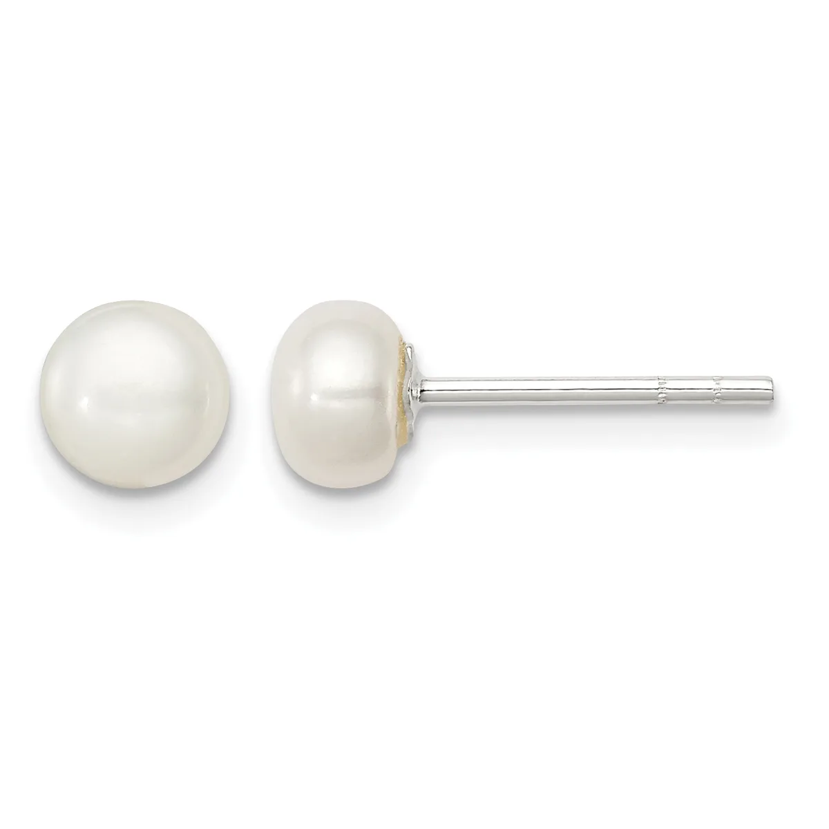 A pair of white pearl stud earrings with silver posts and backs, shown from the front and side view.