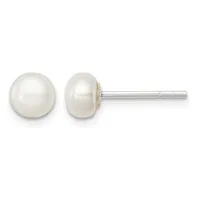A pair of white pearl stud earrings with silver posts and backs, shown from the front and side view.