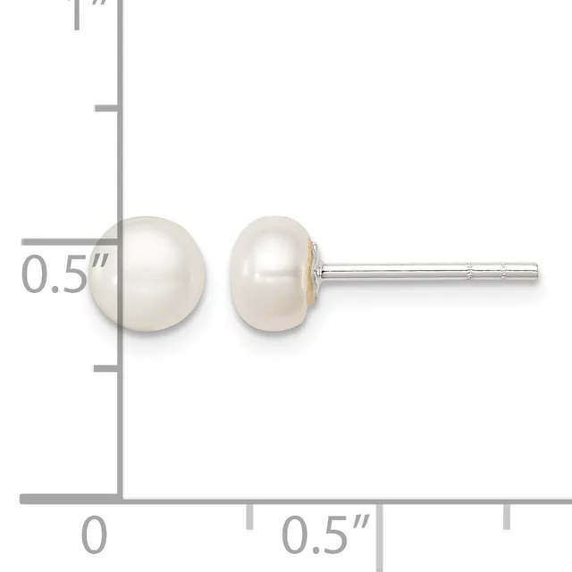 A pair of white pearl stud earrings with sterling silver posts, shown next to a ruler indicating each pearl is approximately 0.5 inches in diameter.
