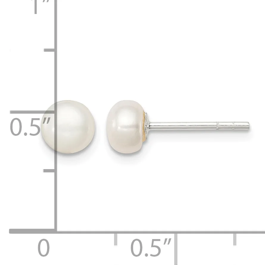 A pair of white pearl stud earrings with sterling silver posts, shown next to a ruler indicating each pearl is approximately 0.5 inches in diameter.