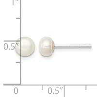 A pair of white pearl stud earrings with sterling silver posts, shown next to a ruler indicating each pearl is approximately 0.5 inches in diameter.