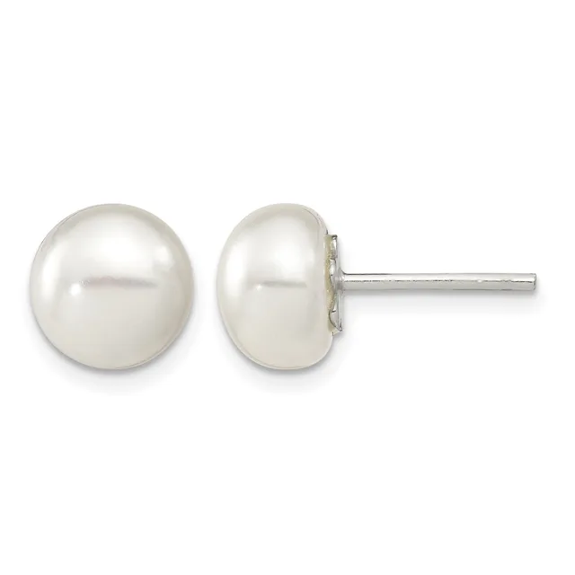 A pair of round white pearl stud earrings with silver posts and backs displayed front and back views.