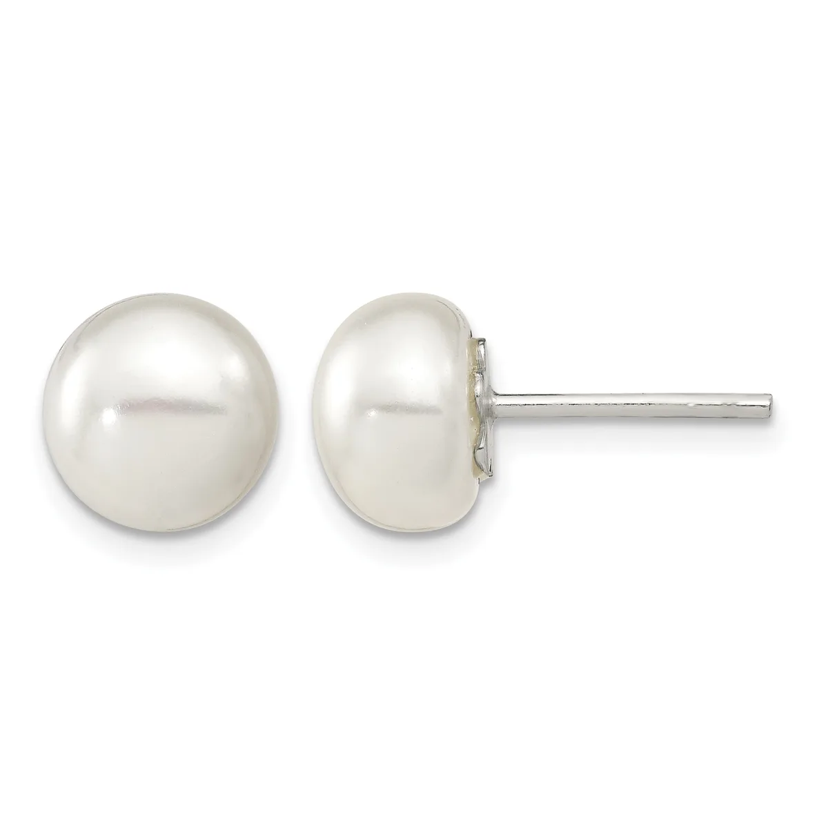 A pair of round white pearl stud earrings with silver posts and backs displayed front and back views.