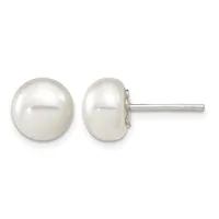 A pair of round white pearl stud earrings with silver posts and backs displayed front and back views.