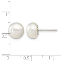 A pair of white pearl stud earrings with sterling silver posts and backs, displayed against a ruler showing the earrings are approximately half an inch in diameter.