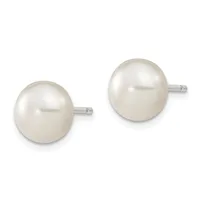 A pair of round white pearl stud earrings with silver posts and backs, displayed against a white background.