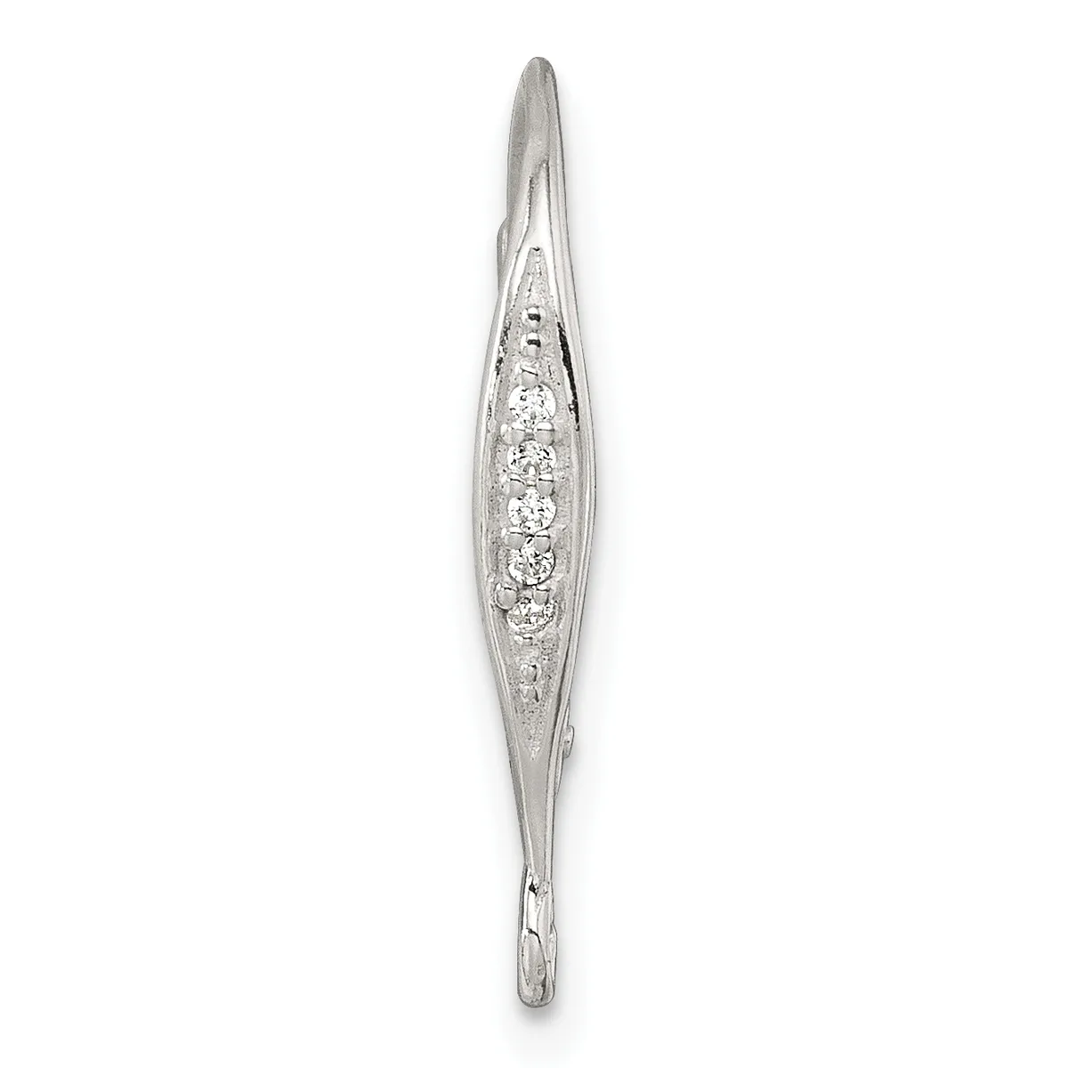 A vertical elongated silver pendant with a pointed top and bottom, featuring a row of round diamonds set in the center along an oval-shaped frame.