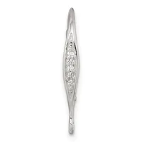 A vertical elongated silver pendant with a pointed top and bottom, featuring a row of round diamonds set in the center along an oval-shaped frame.