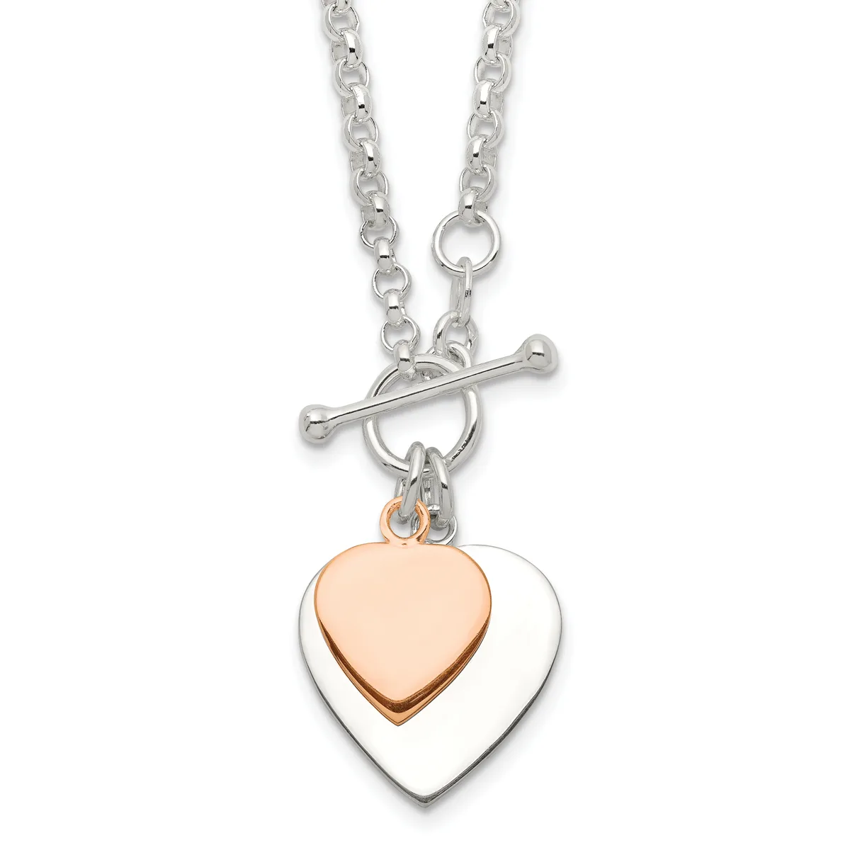 Silver chain necklace with toggle clasp featuring two nested heart pendants, one rose gold and one silver, hanging from small rings.