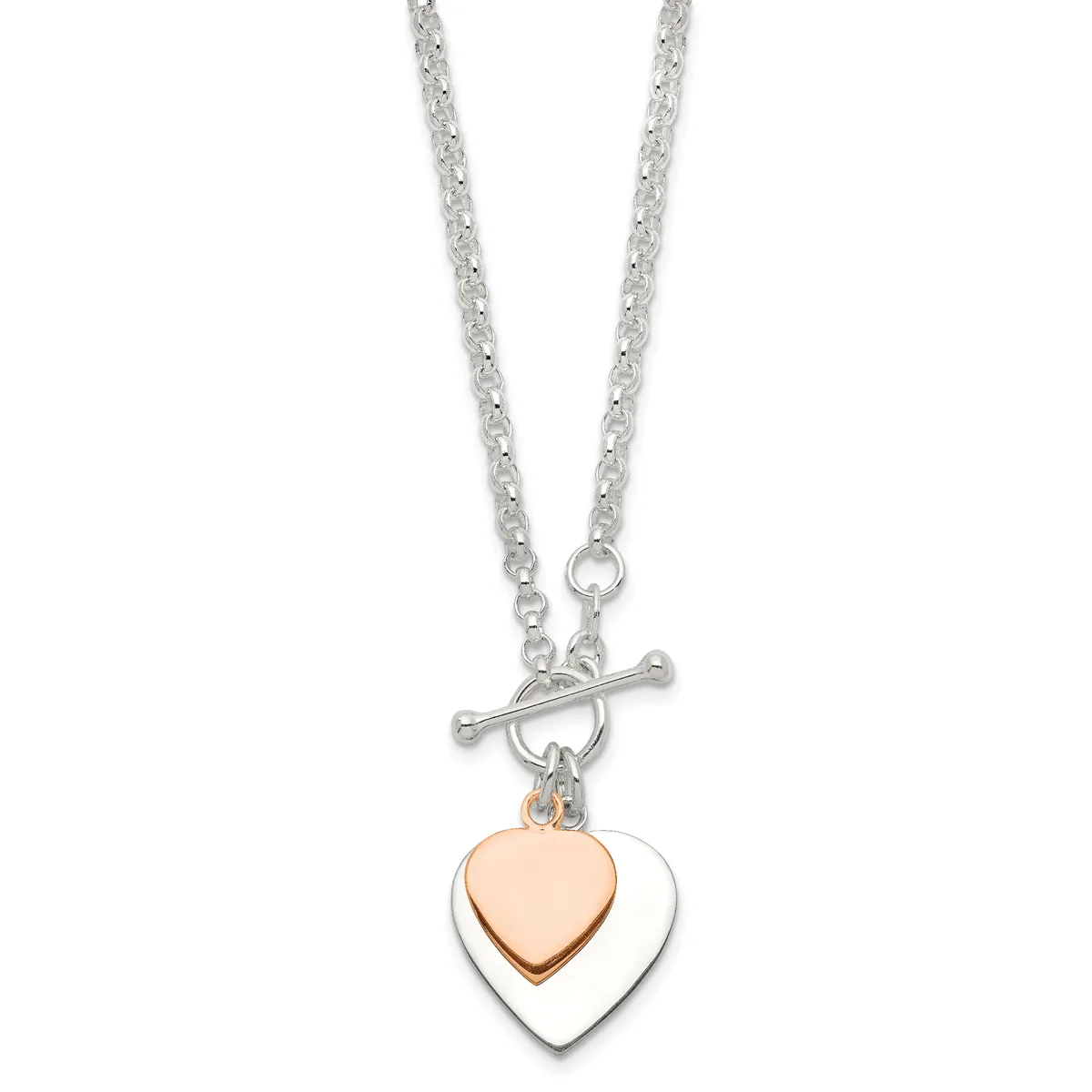 Silver chain necklace with toggle clasp featuring two stacked heart pendants, one rose gold and one silver, hanging together.
