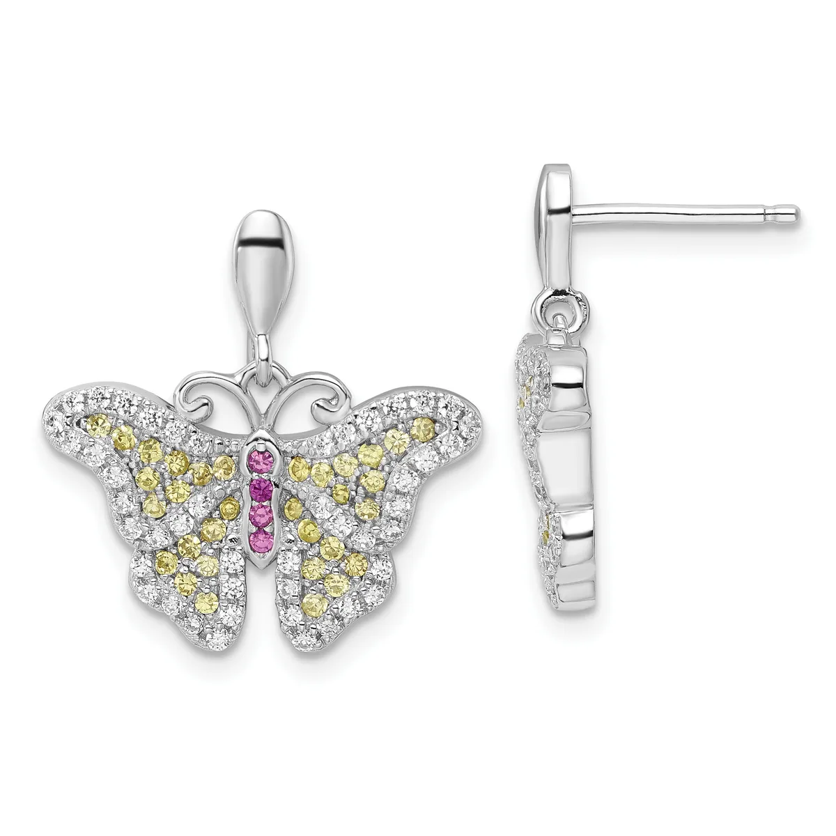 Butterfly-shaped pendant and matching earrings in silver with yellow and white diamonds and pink sapphires down the center, shown front and side views.