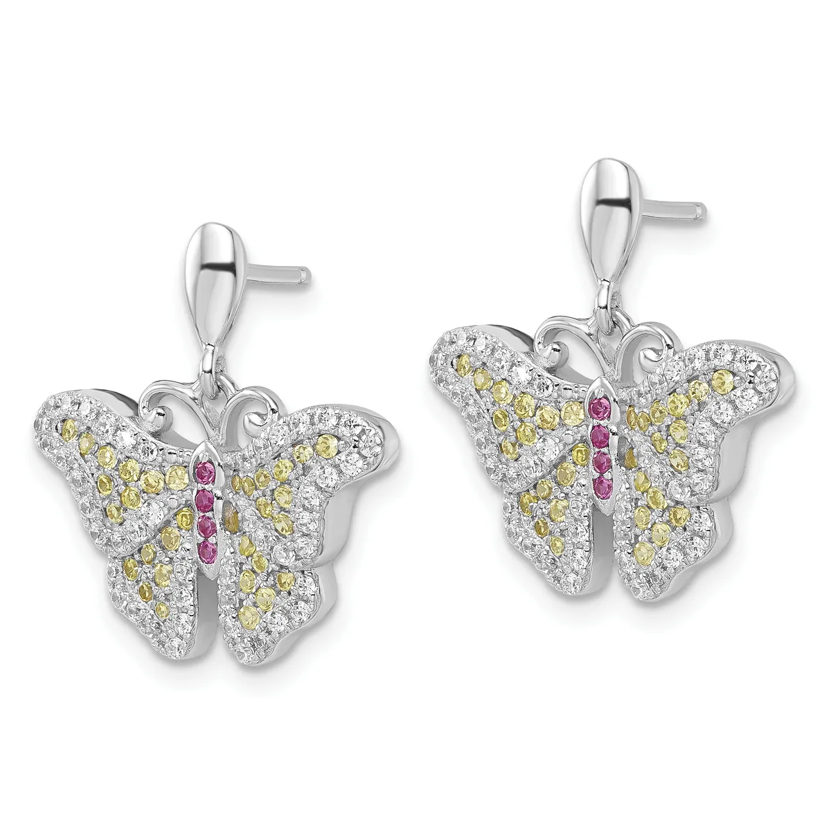 Pair of butterfly-shaped drop earrings with silver posts, featuring yellow and clear crystals on the wings and purple stones down the center body.