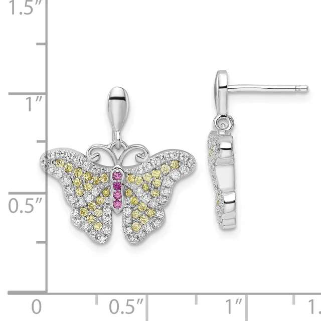 Silver butterfly pendant and matching earrings with yellow and pink gemstones, shown against a measurement scale indicating approximately one inch in height.
