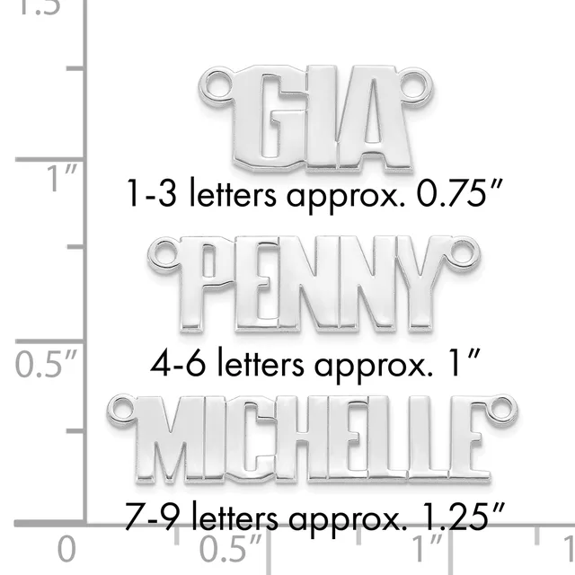 Three silver-toned metal nameplate pendants of increasing size displayed with a measurement scale showing letter dimensions from 0.75 to 1.25 inches.