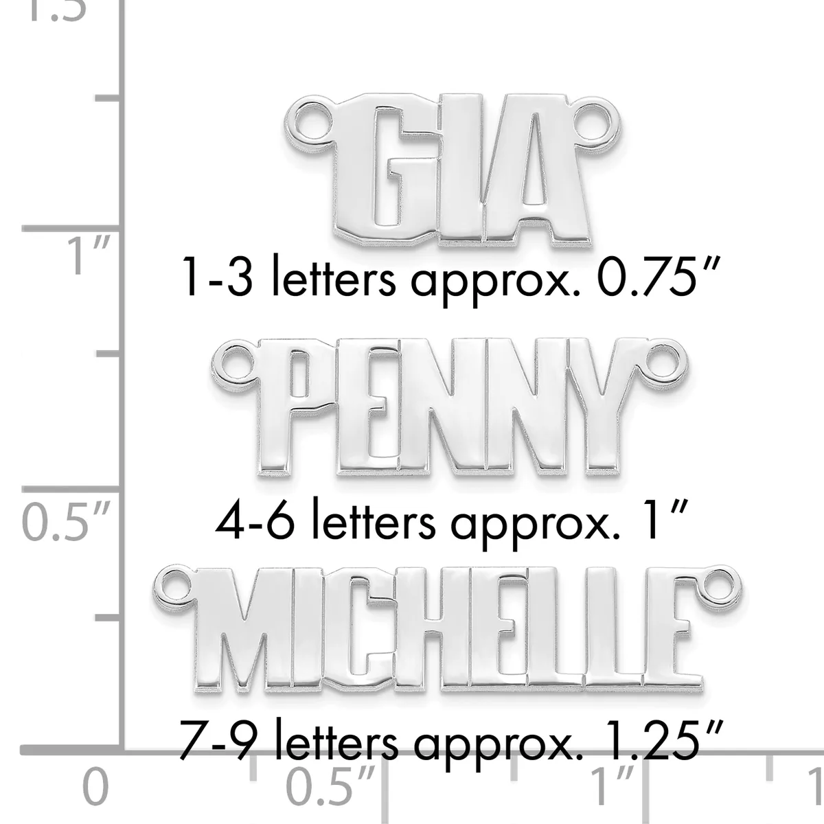 Three silver-toned metal nameplate pendants of increasing size displayed with a measurement scale showing letter dimensions from 0.75 to 1.25 inches.