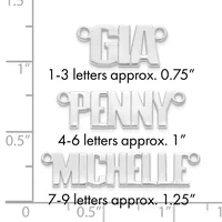 Three silver-toned metal nameplate pendants of increasing size displayed with a measurement scale showing letter dimensions from 0.75 to 1.25 inches.