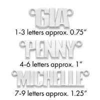 Three silver-toned metal letter charms with loops, showing size comparisons: one to three letters approximately 0.75 inches, four to six letters approximately 1 inch, and seven to nine letters approximately 1.25 inches.