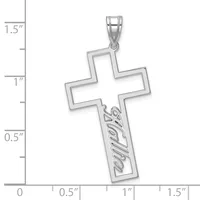 Sterling silver cross pendant with rectangular cutout design and engraved text on the lower shaft, shown with measurement scale indicating approximately 1.3 inches tall.