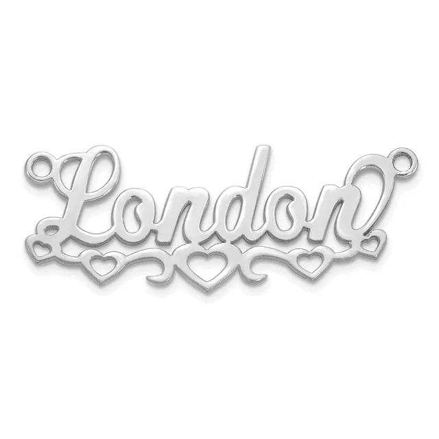 A silver-toned nameplate pendant spelling "London" in cursive script with decorative heart cutouts along the bottom and small loops at each end for attaching to a chain.