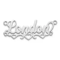 A silver-toned nameplate pendant spelling "London" in cursive script with decorative heart cutouts along the bottom and small loops at each end for attaching to a chain.