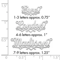 Three silver-toned metal name charms with decorative hearts and scrollwork, shown at actual size with a ruler indicating heights from 0.75 to 1.25 inches depending on letter count.